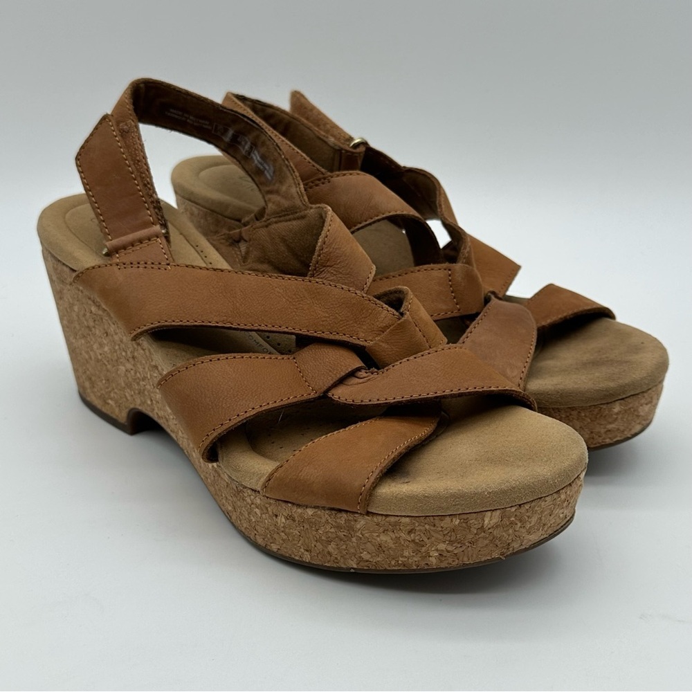 Clarks Giselle Beach Tan Leather Strappy Cork Wedge Sandals